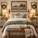 Cozy farmhouse bedroom with rustic wood nightstands, neutral bedding, vintage-inspired decor, and warm farmhouse style.