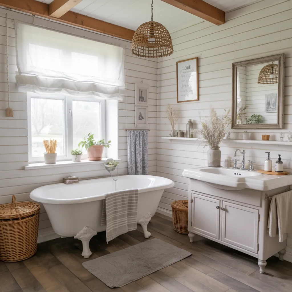A bathroom decorated with farmhouse style décor. 