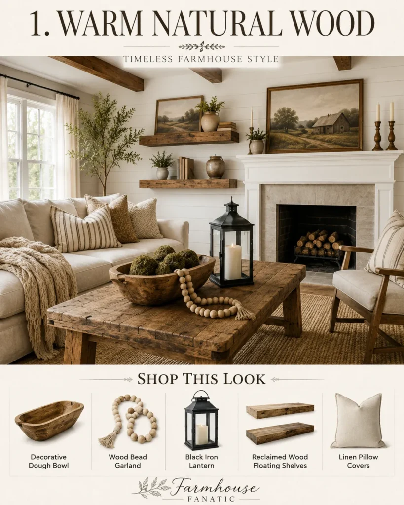 a farmhouse style living room decorated with warm natural wood